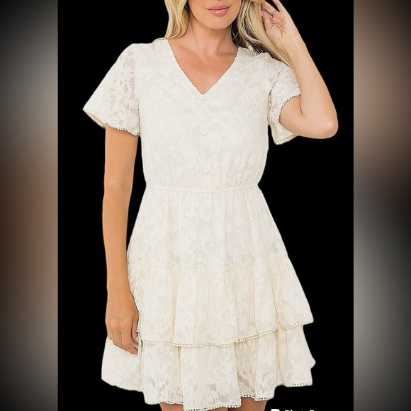 Cream Lace Tiered Fit and Flare Mini Dress NWT - Picture 7 of 12